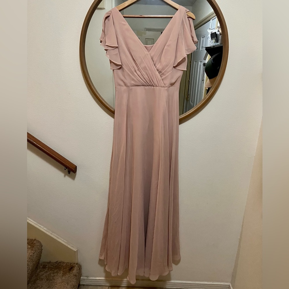 David’s bridal bridesmaid dress with flutter sleeve full skirt in sand